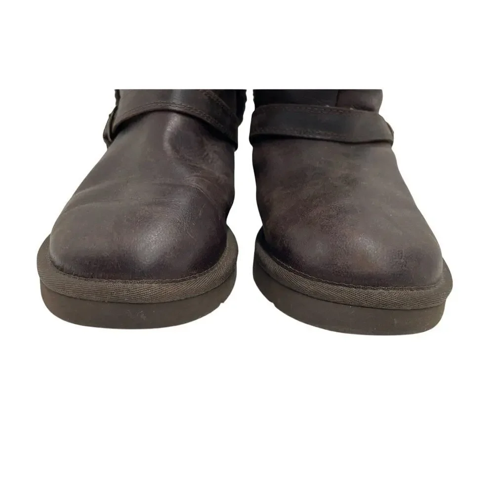 UGG Australia Chocolate Brown Leather Bow Buckle Mid-Calf Boot Size 7 Brand New